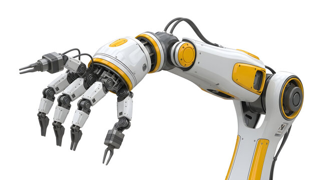 Robotic hand gripping mechanical claw in factory setting