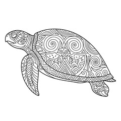 Fototapeta premium Intricate black and white line art illustration of a patterned sea turtle.