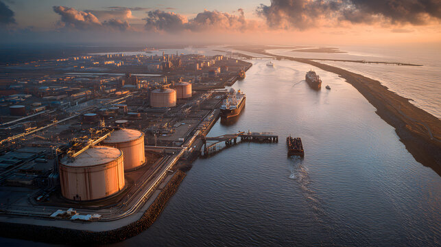 Aerial view of LNG terminals at sunset