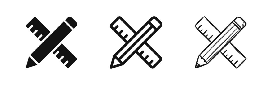 Crossed pencil and ruler icon - Architecture, design, engineering and school stationery