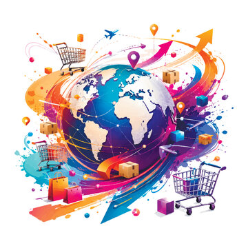 Global logistics and e-commerce concept. Vector illustration of Earth globe with shopping carts, delivery boxes, planes and location pins on colorful abstract splash background with arrows.