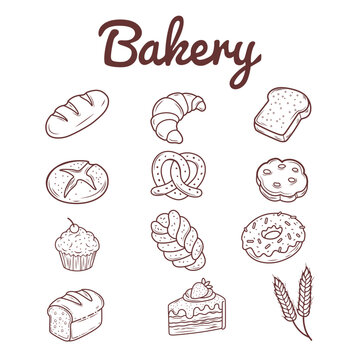 Bakery and pastry line art icon set isolated on white background hand drawn doodle style bread elements collection