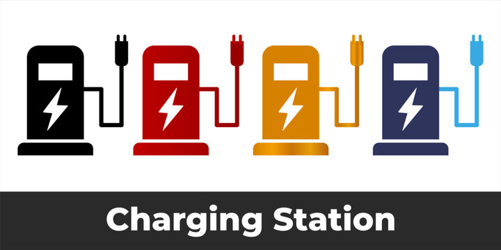 Electric vehicle charging station icon set for eco friendly transport mobile application, green energy website, and infographic design