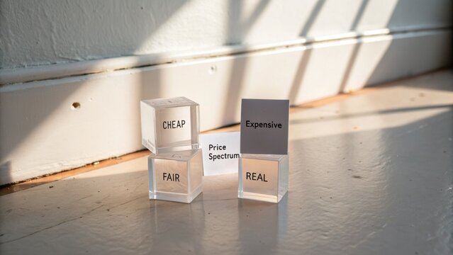 Clear Cubes Displaying Price Spectrum Concepts with Labels Cheap, Fair, Real, and Expensive on a Bright Wooden Floor