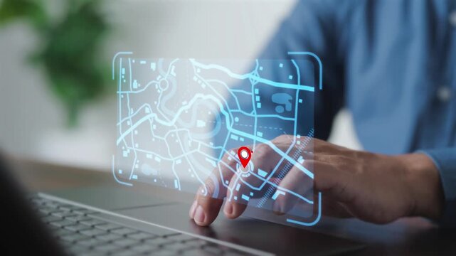 Logistics coordinator planning route optimization on digital gps map interface using laptop. Concept of navigation tracking, fleet delivery, and smart transport location.
