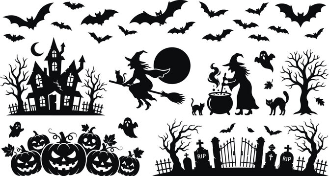 Halloween silhouette icons set with haunted house bats pumpkins witch and cemetery  spooky black shapes on white background