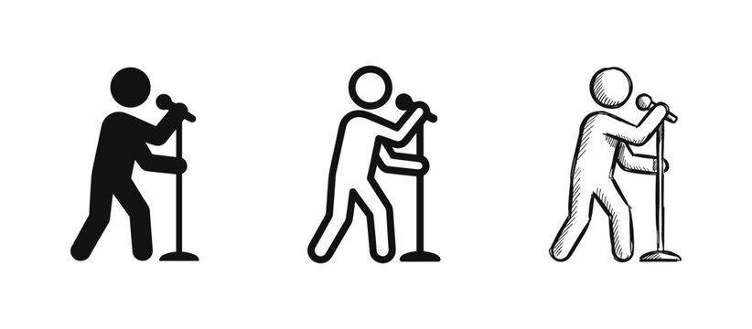 Singer with microphone icon set representing live performance in solid line and sketch styles