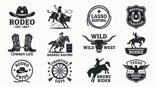 Black and white cowboy rodeo graphic designs and logos on white background