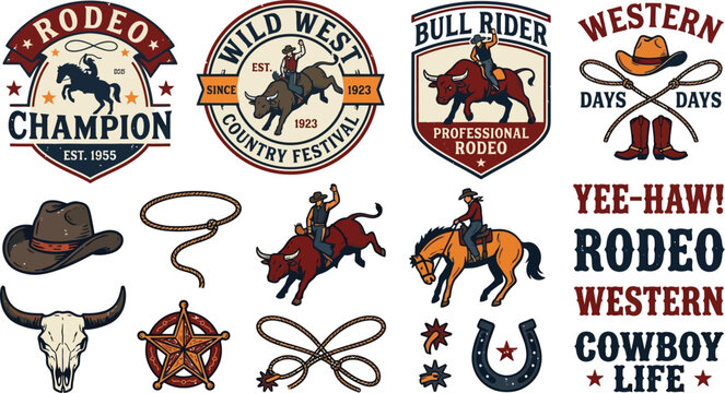 Western rodeo cowboy graphic design elements with badges logos icons and phrases on white background