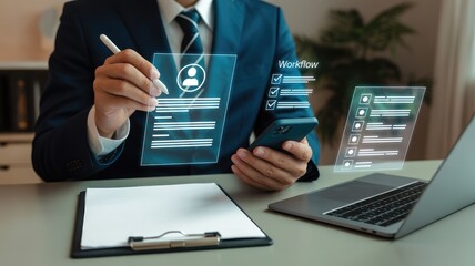 Fototapeta premium Professional reviewing digital application and workflow checklist on transparent screen while holding smartphone