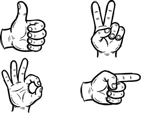 four different hand gestures in black and white illustration isolated on transparent background