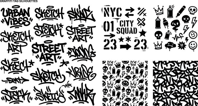 Graffiti tag silhouettes with urban vibes and street art designs  city squad symbols and patterns