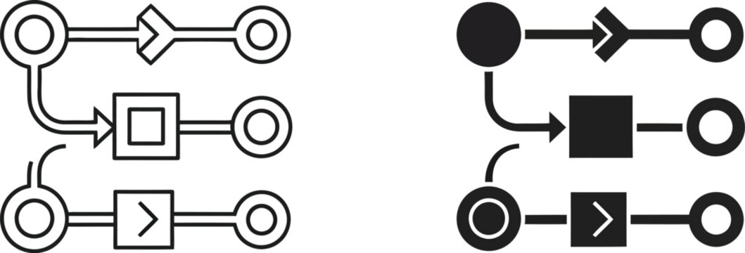 Workflow diagram icons set linear and filled versions for process visualization
