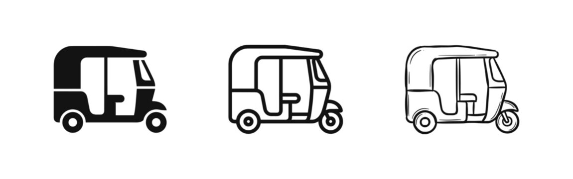 Tuk Tuk Rickshaw Icon Set in Three Different Styles - Solid, Outline, and Hand-Drawn Doodle