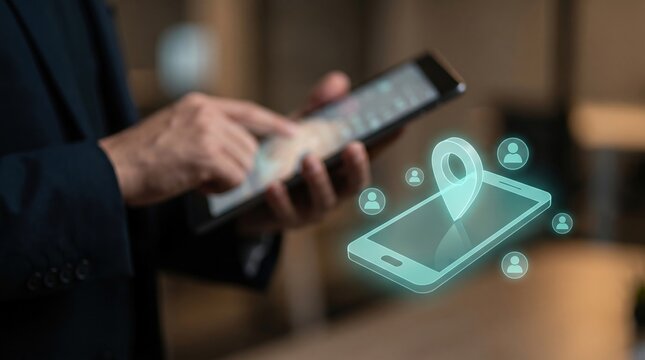 Mobile Device Management and Location Tracking Concept: Bright Teal Holographic Smartphone and User Avatar Nodes in Corporate Office