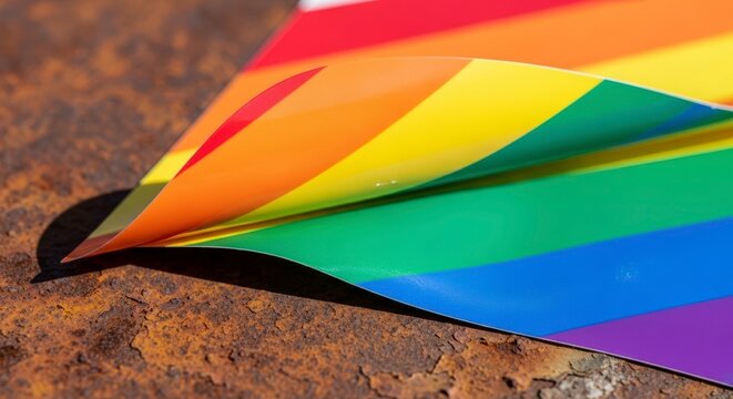 Rainbow colored paper on brown surface.