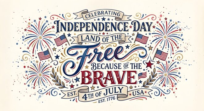 Vintage Independence Day typography, 4th of July patriotic banner with fireworks and American flags, Land of the Free because of the Brave lettering