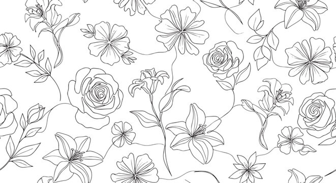 Elegant line art floral seamless pattern. Sophisticated black and white rose and lily background.