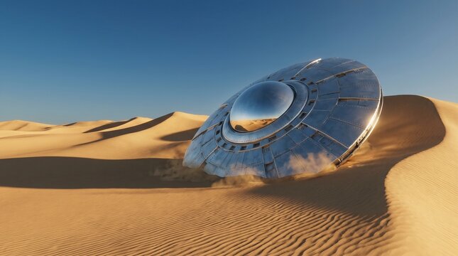 Futuristic Alien Spaceship Crashed on Sandy Desert Landscape