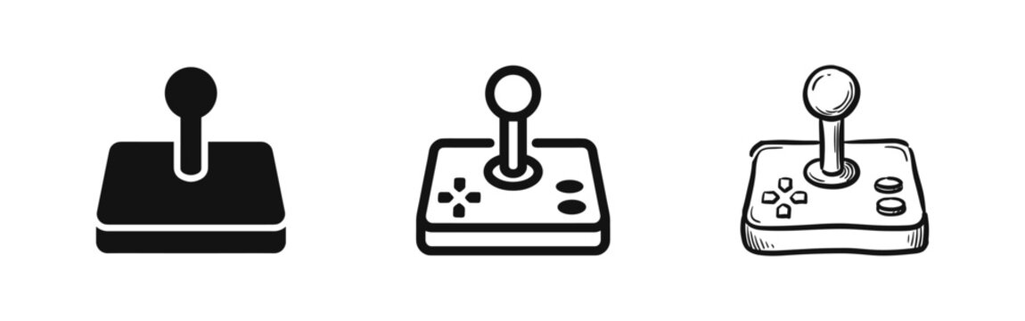 Retro Game Joystick Icons - Classic Arcade Controller Set in Solid, Outline, and Sketch Styles