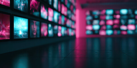 Fototapeta premium Modern Media Room with Glowing Monitors, Abstract Digital Art, and Reflective Floor in Blue and Pink Ambient Light.