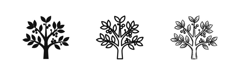 Obraz premium Fruit Tree and Coffee Plant Nature Icon Set in Flat Line and Hand Drawn Styles