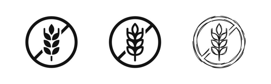 Gluten Free and Wheat Allergy Diet Icon Set in Flat Line and Hand Drawn Styles