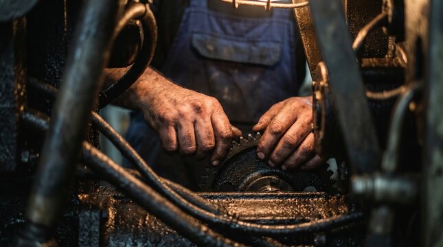 Skilled Hands Repairing Machinery Gear in Grimy Workshop Environment