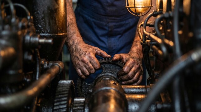 Dirty Mechanic Hands Working on Oily Industrial Machinery Gears Close Up