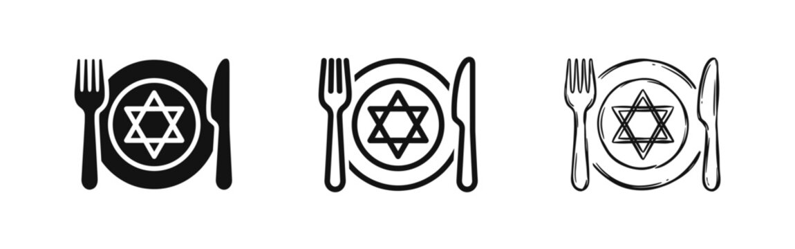Kosher Food and Jewish Dietary Law Icon Set in Flat Line and Hand Drawn Styles