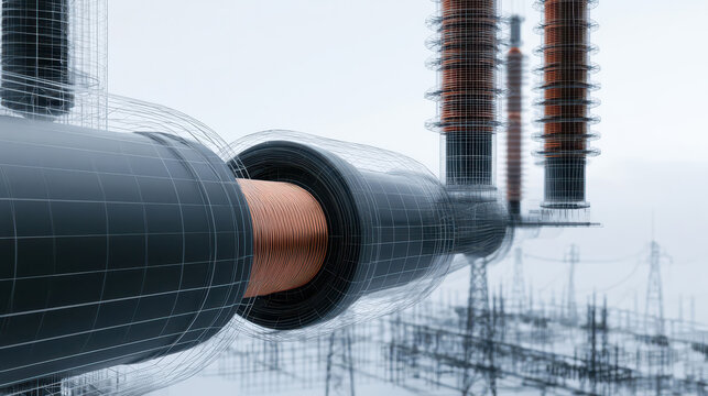 Power Station Infrastructure: Copper Coil Pipe, Wireframe Insulators, and Transmission Towers