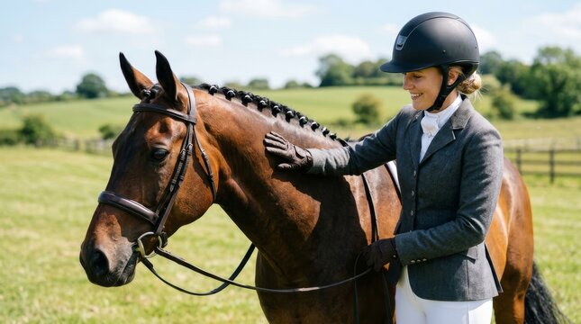 A rider wearing a helmet pats a braided horse in a sunny field.