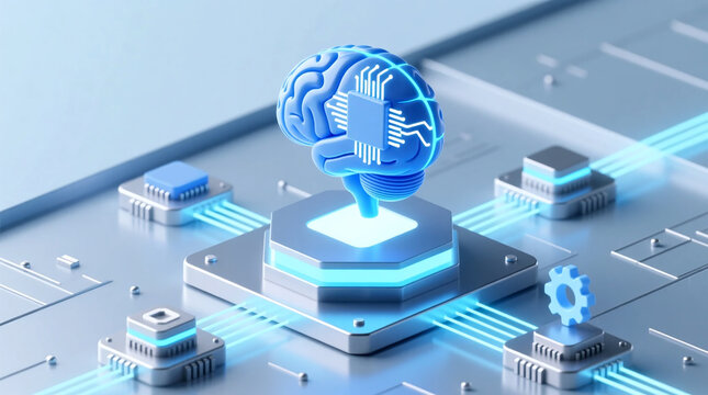 Isometric 3D illustration of artificial intelligence on sleek digital platform representing processing vital for business workflow digital transformation