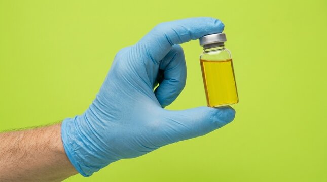 Hand in Blue Glove Holding Small Vial with Yellow Liquid Against Lime Green Background