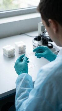 Scientist Examines Microscope Slides in a Laboratory Setting Preparing for Analysis