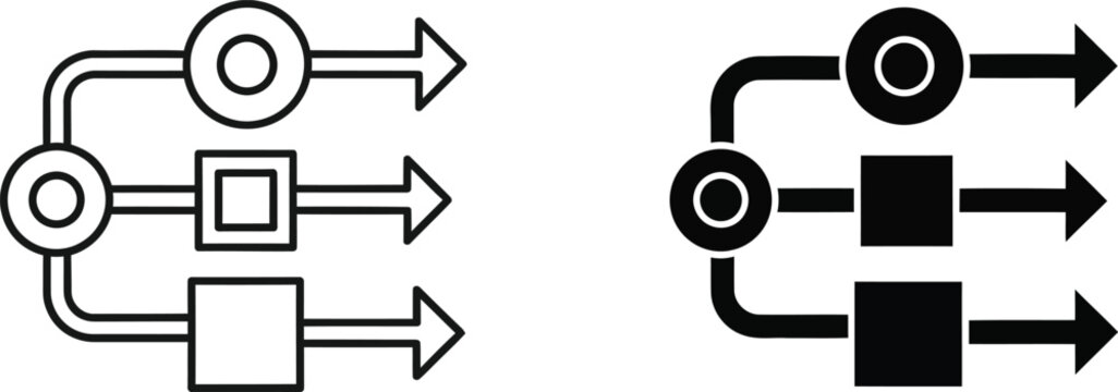 Process flow diagram icons set linear and filled versions