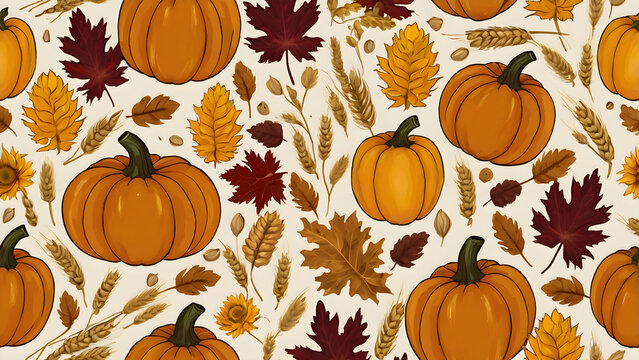 Seamless pattern with pumpkins maple leaves sunflowers apples and wheat cozy fall color palette