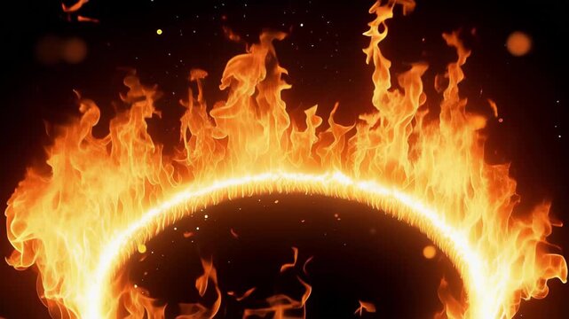 Burning fire ring with floating sparks against black background. Intense circular flame blaze. Cinematic special effect of hell portal or mystical glowing element.