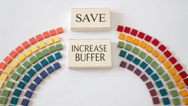 Colorful display with wooden blocks labeled Save and Increase Buffer amidst vibrant tiles in a creative arrangement for strategy concepts