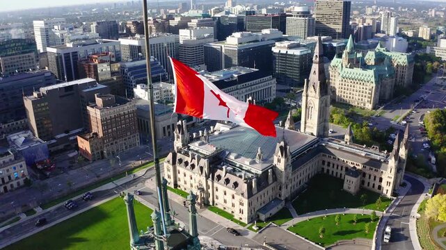 Canadian Flag Above Parliament Buildings Ottawa Canada Aerial Drone Footage