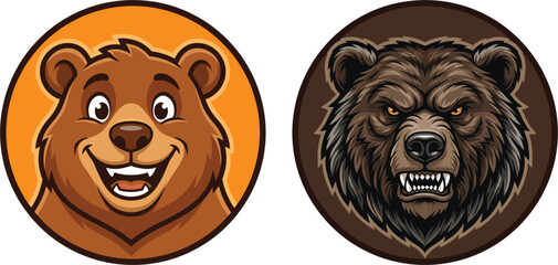 Bear Mascot Head Logo Set featuring Friendly Cartoon Character and Angry Grizzly Animal Esport Emblem in Circular Badges for Sports Teams © Ajad