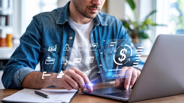 Professional reviews payroll documents and financial analytics on laptop with futuristic digital interface overlay