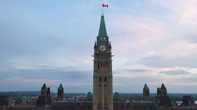 Peace Tower on Parliament Hill Ottawa Canada at Blue Hour Drone Shot