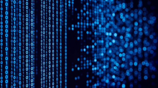 Datenstrom aus Bin&auml;rcode auf blauem abstraktem Technologie-Hintergrund