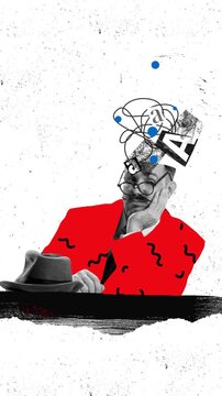 Bored man at desk with tangled thoughts and letters in red collage stop motion. Concept of creative burnout, writer block, mental fatigue, and workplace boredom.