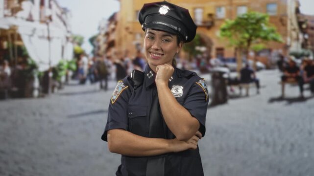 Woman police officer smiling with badge visible and hand on chin, arms crossed in a city street; confidence calm.