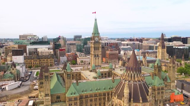 Ottawa Parliament Hill and Peace Tower Close Aerial Drone View Over Canadian Parliament