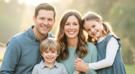 Fototapeta premium Happy family embracing outdoors in natural light.