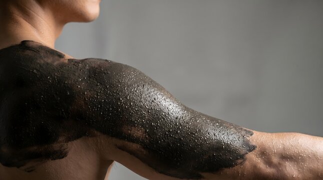 Thick dark black mud mask applied to a male client's wet shoulder and arm for deep skin detoxification