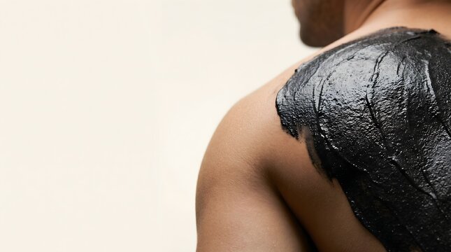 Close up of a black charcoal mud mask applied to a client shoulder and upper back for skincare